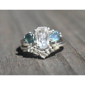 Sapphire engagement ring set, raw stone ring, alternative engagement ring, uniqu